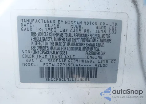 2018 Nissan Kicks Sv z USA, uszkodzony, nr VIN 3N1CP5CU9JL513081